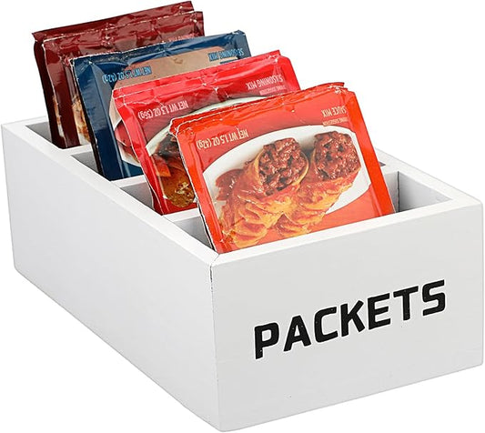 BSTKEY Seasoning Packet Organizer, Food Packet Storage Organizer with 4 Compartments, White Wooden Storage Caddy for Kitchen Pantry Cabinet, Farmhouse Kitchen Organization Bins for Snack Spice Packets