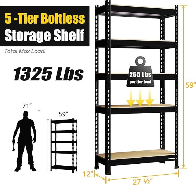 PrimeZone Storage Shelves 5 Pack 5 Tier Adjustable Garage Storage Shelving, Heavy Duty Metal Storage Utility Rack Organizer Shelf Unit for Warehouse Pantry Closet Kitchen Basement, Black