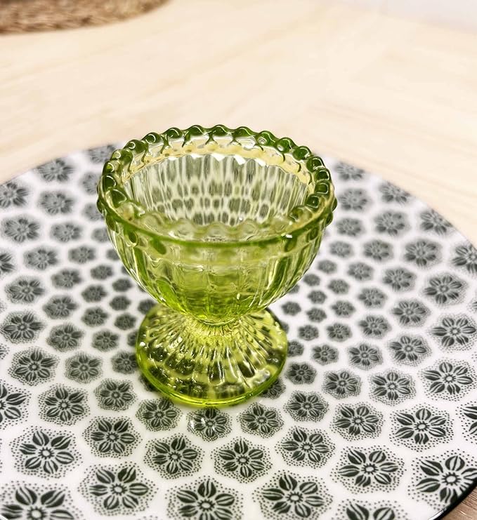 KiaoTime Green Glass Easter Egg Cup for Soft or Hard Boiled Egg Holder - Set of 2 Egg Holders for Breakfast Brunch, Kitchenware, Easter Decoration Egg Cup for Spring Home Party Tableware Decor Favors