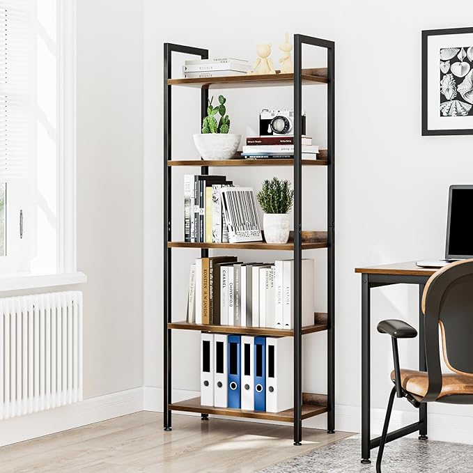 NUMENN Bookshelf, 5 Tier Bookshelves, Home Office Bookcase Shelf Storage Organizer, Free Standing Storage Shelving Unit for Bedroom, Living Room and Home Office, Vintage