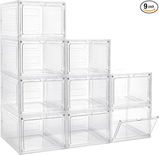 LXLXXL Storage Bins with Lids, 9 Pack Plastic Storage Containers with Magnetic Door, 19 Qt Stackable Clear Storage Box for Home, Office Organizing
