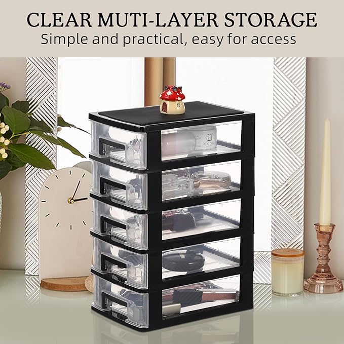 Multifunctional Five-Layer Plastic Storage Cabinet with Transparent Drawers - Space-Saving Organizer for Office, Closet, and Home, 12.36 Inches, Black