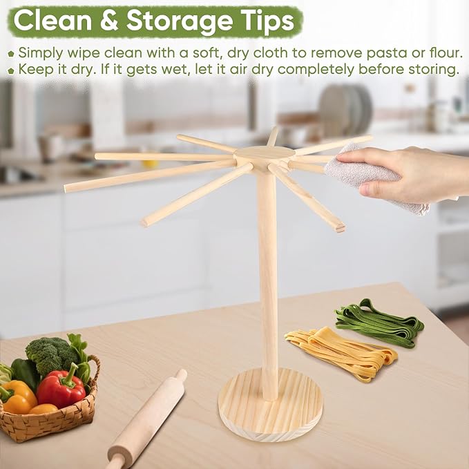 Pasta Drying Rack - 9 Sticks Wooden Pasta Dryer Stand for Homemade Fresh Pasta, Spaghetti, Fettuccine, Tagliatelle - Large Detachable Natural Wood Noodle Rack, Space Saving & Sturdy Design