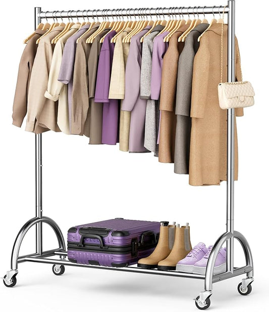 MISSLO Heavy Duty Clothing Rack with Wheels Rolling Clothes Racks for Hanging Clothes, Coats, Garment, Dress, Silver