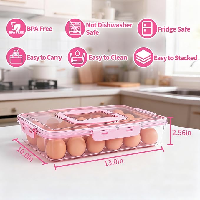 RoskDeewat Deviled Egg Containers with Lid, 2 Pack Thick Clear Plastic Deviled Carrier with Handle Storage 48 Eggs, Stackable Egg Holder Portable Tray Platter for Fridge, Travel, Party-Pink