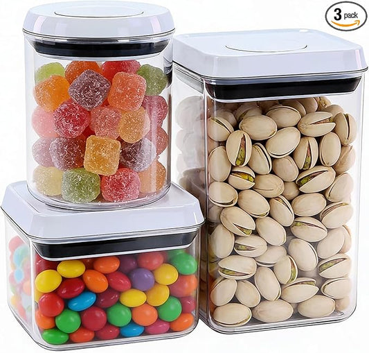 Pop Airtight Food Storage Containers with Lids, Push Button Seal BPA-Free for Kitchen Pantry Organization, 3 Pcs 0.65Qt/0.7Qt/1.8Qt for Cereal, Flour, Sugar, Snacks Dry Food Storage