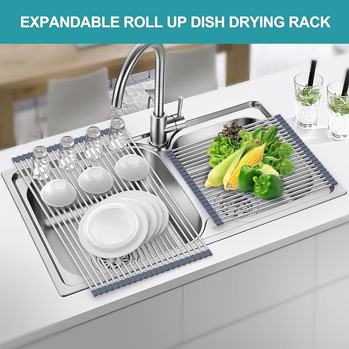 BBXTYLY Extra Large Expandable Roll Up Dish Drying Rack,Over The Sink Drying Rack Sink Cover Kitchen Sink Accessories Kitchen Rolling up Stainless Steel Drainer, Foldable,Rollable（Grey，22.8''-17.3''）