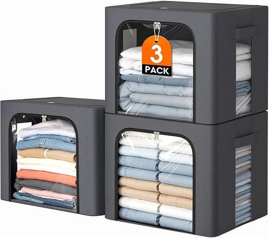3 Pack Clothes Storage Bins with Metal Frame,40L Storage Bags Fabric Box Organizer with Clear Window,Zippers,Sturdy Handles(3 Pcs,Light Grey,40L)