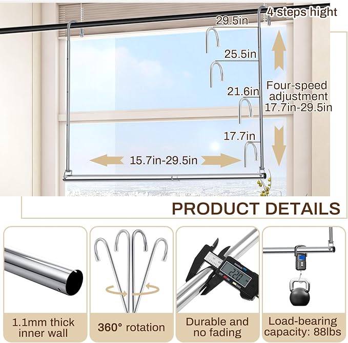 2 Pack Closet Rod Extender Adjustable 16-29 Inches, Double Hanging Organizer Extension for Clothes, Hook-on Storage Bar Adds Extra Space, Heavy Duty Stainless Steel Wardrobe Organizer for Small Closet