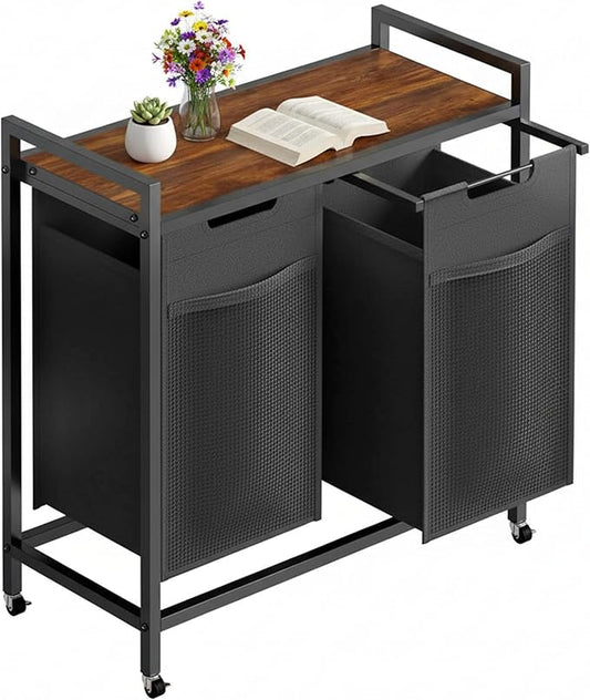 Simple Deluxe Laundry Hamper with Shelf & 2 Pull-Out Bags, 2×11.2 Gal (85L) Rolling Sorter Cart, Heavy-Duty Organizer for Bathroom, Bedroom, Dorm, Rustic Brown and Black