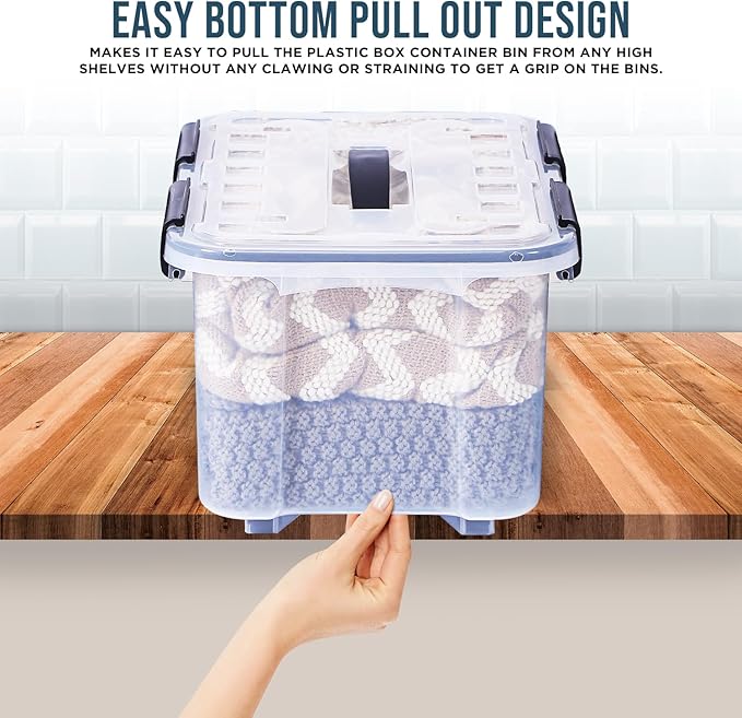 Lifemaster Stackable Storage Box Set - 6 Pieces 32 Quarts Multi-purpose, Space-Efficient Stackable Storage Boxes with Nestable Design, Secure Latches, Easy-Move Wheels & Pull-Out Base - Clear