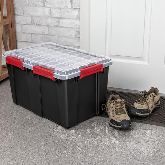 Sterilite 12 Pack Gasket Box, Stackable Plastic 13.5 Gallon Storage Container with Lids, Black - Waterproof and Dustproof Tote for Home Organization