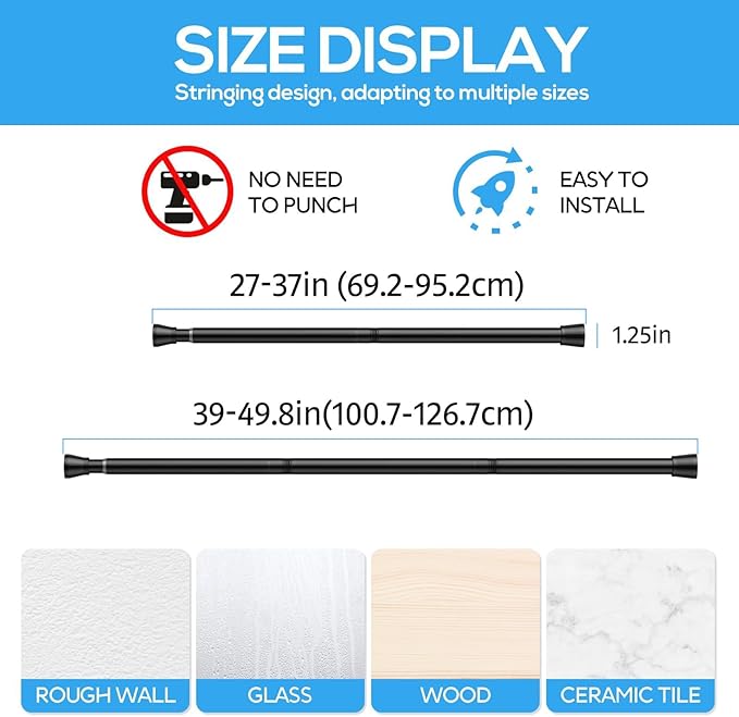 1 Pack Spring Tension Rods 28-49IN, 7/8 Inch Diameter Black No Drill Spring Loaded Adjustable Extendable, Small Short Tension Curtain Rod for Windows Kitchen Doorway Closet Cupboard