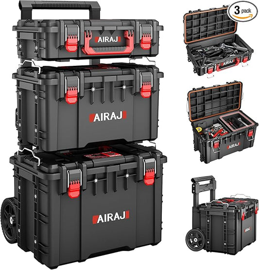 Rolling Tool Box with Wheels Heavy Duty,Modular Stackable Tool Box Organizer,Waterproof Toolbox for Hand/Power Tools,Removable Divider/Parts Box,All-terrain Durable Wheels,Telescopic Pull Rod Handle
