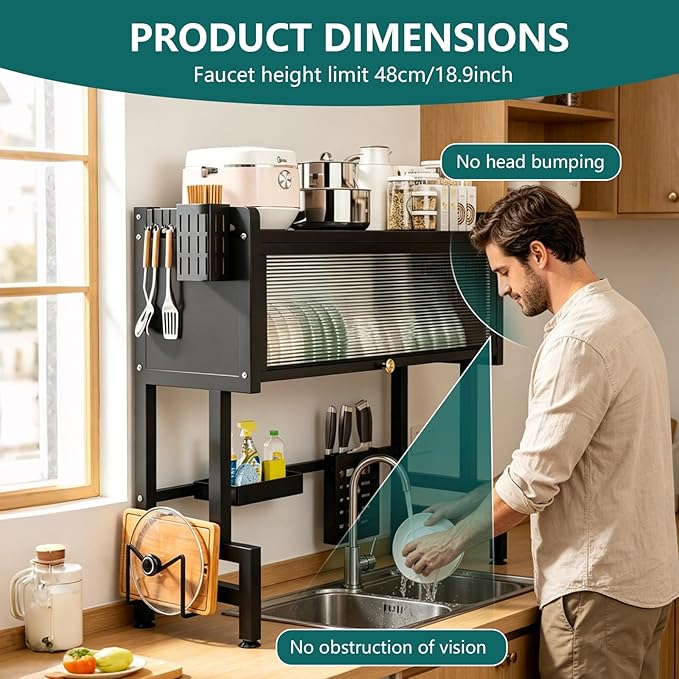 Over The Sink Dish Drying Rack, 3-Tier Carbon Steel Kitchen Storage Cabinet with Cover, 33.46" Heavy-Duty Large Capacity Dish Drain Shelf for Kitchen Sink Organization