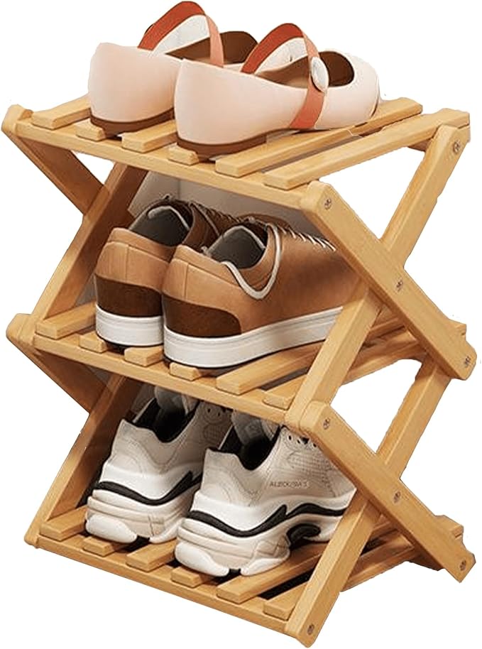 3 Tier Natural Bamboo Shoe Rack,Foldable Space Saving Shoe Storage Organizer,Easy Assembly & Strong Design Shoes Stand Shelf Organiser for Closet (Primary Color, Three Layers)