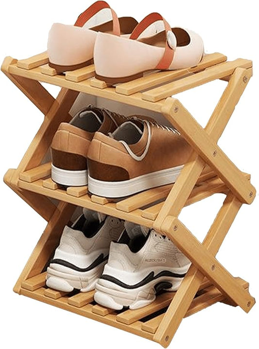3 Tier Natural Bamboo Shoe Rack,Foldable Space Saving Shoe Storage Organizer,Easy Assembly & Strong Design Shoes Stand Shelf Organiser for Closet (Primary Color, Three Layers)