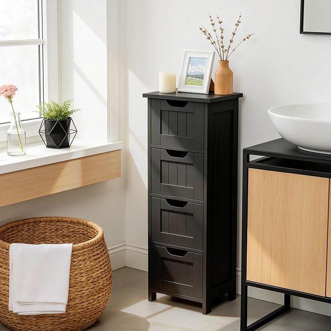SUPER DEAL Small Bathroom Storage Cabinet with 4 Drawers, Freestanding Narrow Wooden Side Storage Organizer for Bathroom Hallway Living Room, Black
