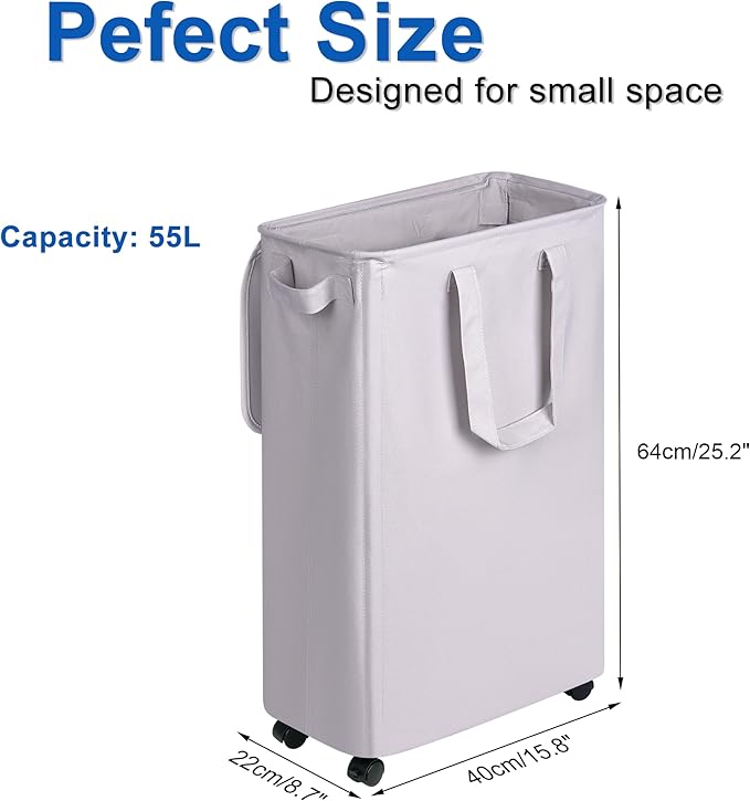 Vincona Slim Laundry Hamper with Lid and Wheels, Small Rolling Laundry Basket with Handle for Small Spaces, Tall Dirty Clothes Hampers for Dorm, Bathroom and Bedroom, 55L, Grey