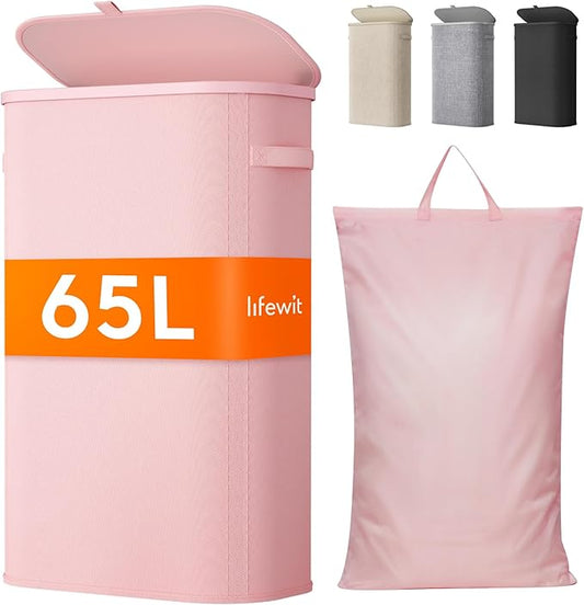 Lifewit 65L Slim Laundry Basket with Lid, Narrow Large Laundry Hamper with Plastic Handles and Removable Bag, Tall Foldable Dirty Clothes Hampers for Laundry Room, Bedroom, Bathroom, Dorm, Pink