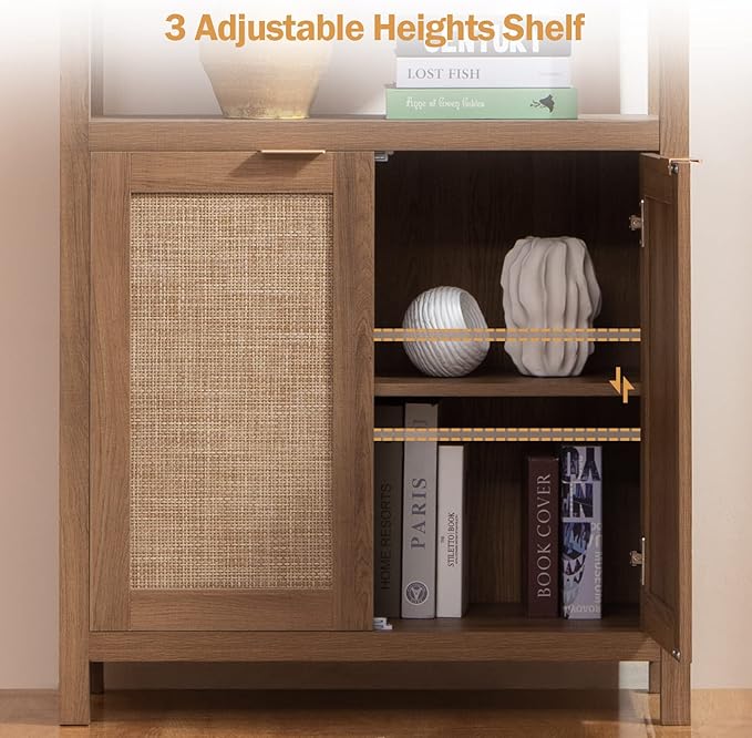 SICOTAS Bookshelf 5 Tier Book Shelf Rattan Boho 71" Tall Bookcase with Doors Storage Shelves Large Bookshelves Farmhouse Bookcases Library Book Case for Living Room Bedroom Home Office Kitchen | Book Shelf, Bookcase, Storage Shelves, Large Bookshelves,...