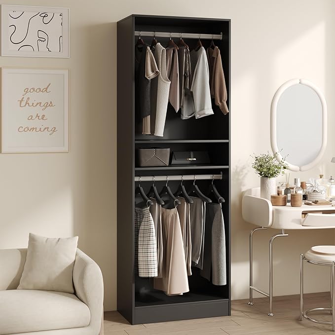 VOWNER 25'' Freestanding Closet System with Shelves, Wood Closet Organizer System with Hanging Rods, Walk-in Closet Tower, Clothes Garment Rack, Wardrobe Closet for Bedroom Entryway