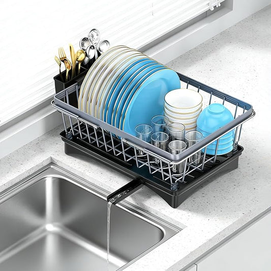 LEMIKKLE Sink Dish Drying Rack - Expandable Small Dish Rack Over Sinks with Drying Tray, Dish Drainer for Kitchen Counter with Cutlery Holder, Drying Rack Fit for 14’’-19’’ Kitchen Sink