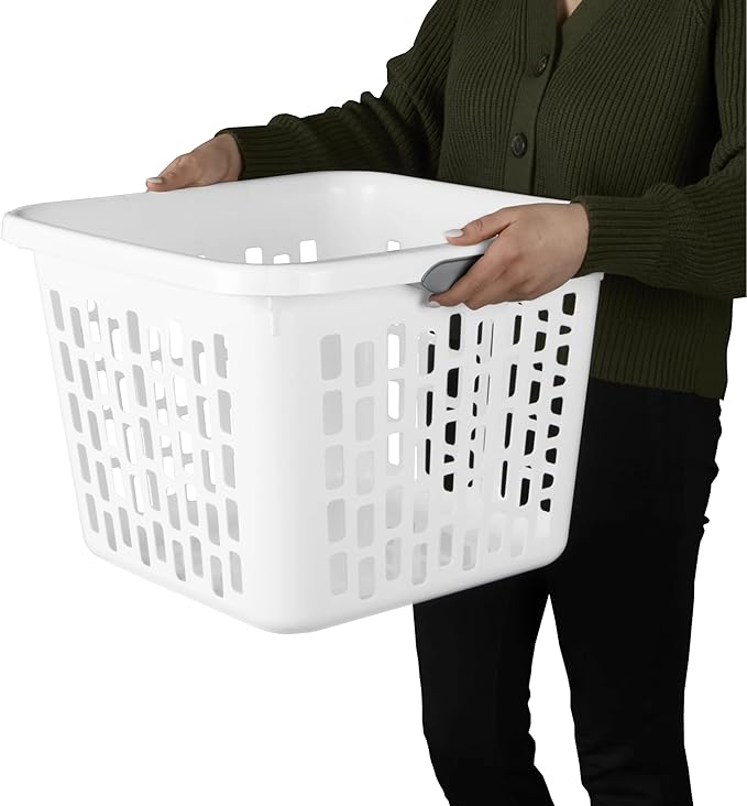 1.5 Bushel Square Plastic Laundry Basket, BPA-Free, White - 2 Comfort Grip Handles, Sturdy & Stackable, for Bedroom, Bathroom & Laundry Room