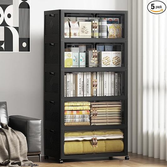 SAILUN 825QT/206Gal Stackable Storage Bins with a Lid, Collapsible Storage Bins With Doors, Folding Cabinet for Home Closet Organization,5 Pack-30 W x 19.7" D x 80.9" H Black