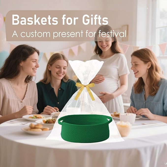 JMvicyroam Woven Basket,Small Rope Storage Bin with Handles & Ribbon Bag, Organizer for Shelves Closets,Gift Basket Empty for Birthday,Books,Dog Toys, Green/3 Pack