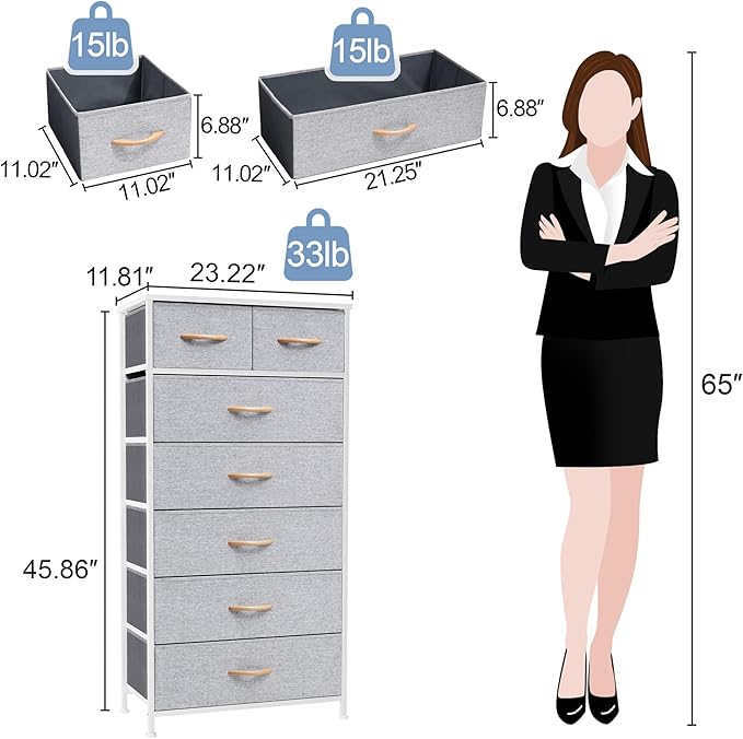 Crestlive Products Vertical Dresser Storage Tower - Sturdy Steel Frame, Wood Top, Easy Pull Fabric Bins, Wood Handles - Organizer Unit for Bedroom, Hallway, Entryway, Closets - 7 Drawers (Light Gray)