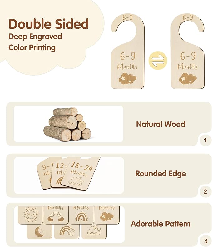 MEILIDY Baby Closet Dividers, Wooden Double Sided Nursery Clothes Size Separators for Newborn to 24 Months, Neutral, 7 Pcs