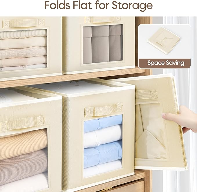 Homsorout Foldable Storage Cubes - Square Organizer with Window, Decorative Baskets for Organizing, Fabric shelf Basket for Clothes, 11 Inch Closet Storage Cubes, Set of 16, Beige
