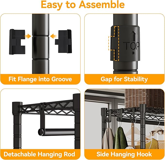 Higeego Heavy Duty Garment Rack with Wheels, H2 Plus Rolling Clothing Rack for Hanging Clothes, Load 480 LBS Portable Closet, Metal Adjustable Shelves & Double Hanging Rods for Bedroom Storage, Black