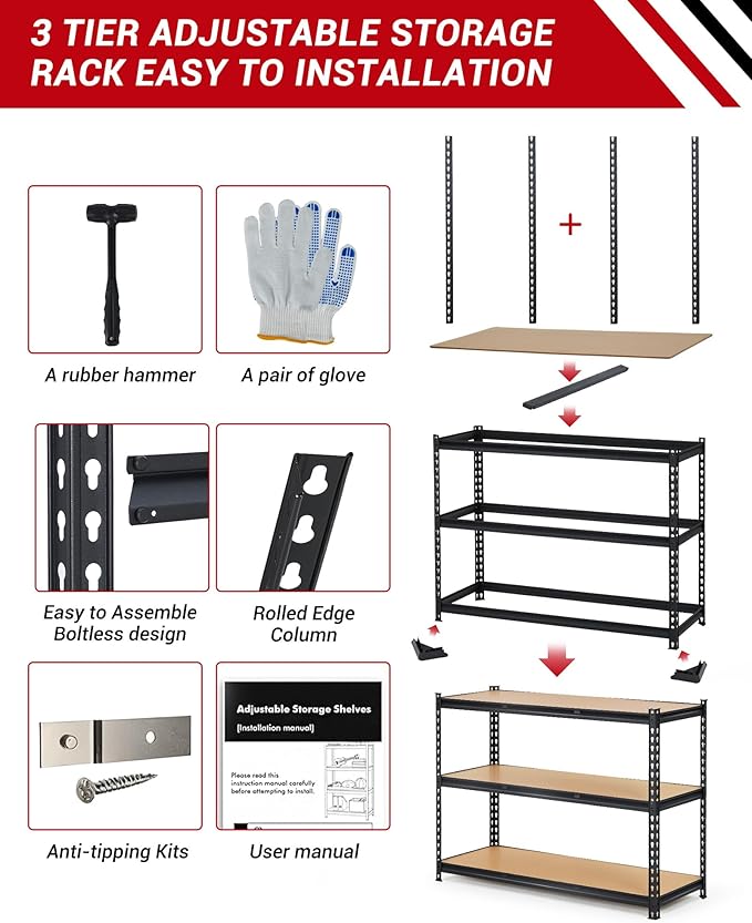 GarveeTech Heavy Duty Garage Shelving Units,3-Tier Adjustable Storage Shelves,48x18x36 Inch,Loads 1320 LBS,Adjustable Garage Storage Shelving, Metal Storage Utility Rack Shelf Unit