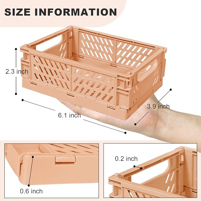 Tobeso-Nuoze Pastel Plastic Storage Baskets 2 Pack, Collapsible Crates for Organizing, Space-Saving Bins for Kitchen, Office, Bedroom (Orange, Small: 5.8"x 3.8" x 2.2")