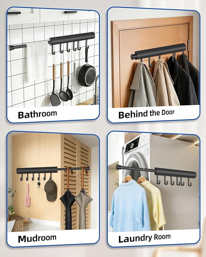 12 Inch Valet Rod for Closet Pull Out, Expandable with 6 Hooks, Closet Rod for Laundry, Bedroom & Tomorrow’s Outfit (Black, 1 Pack)