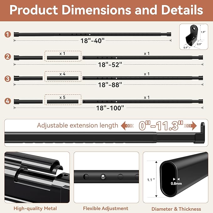 Oval Closet Rod 18-40 Inch Adjustable Closet Rods for Hanging Clothes Heavy Duty Black Poles Bar with End Supports Rust Proof Wardrobe Rod for Laundry Room RV