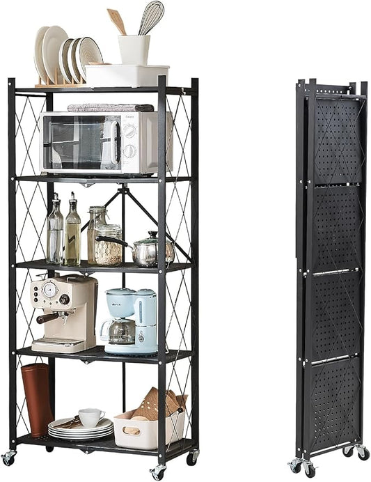 BRIAN & DANY 5-Tier Foldable Storage Shelves with Wheels, Folding Metal Rack Shelving Unit, Heavy Duty No Assembly Organizer Shelf for Garage, Kitchen, Basement, Pantry, Black