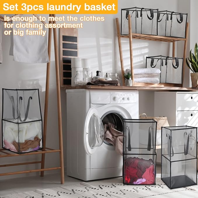 Zopeal 3 Pack Popup Laundry Hamper 13 Inch Collapsible Laundry Baskets with Handles Mesh Clothes Baskets Portable Foldable Clothes Hamper Square Bin for Washing (Black,Double-layer)