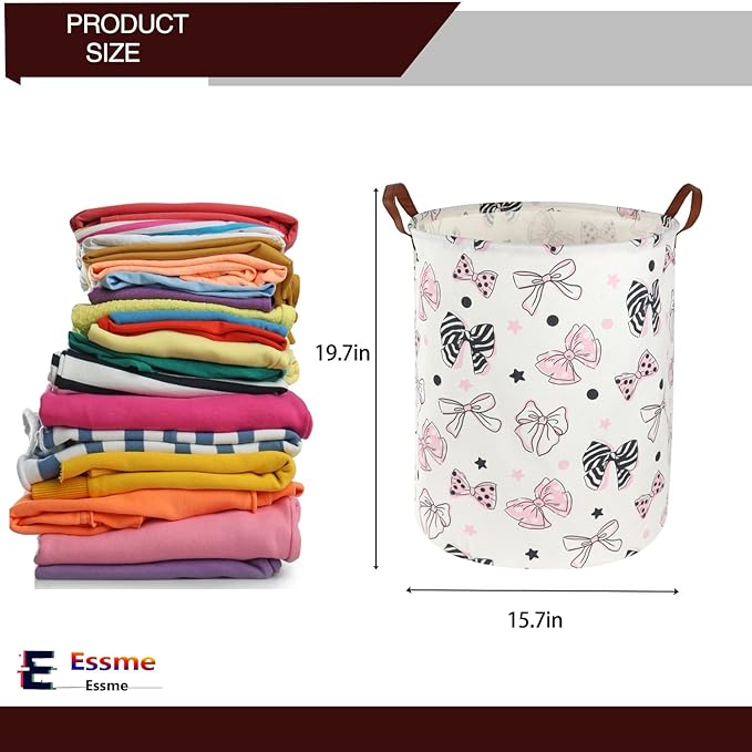 ESSME Pink Girls Hamper,Pink Laundry Hamper,Girls Laundry Hamper, Cute Storage Bin for Room Decor,Baby Girl Laundry Basket, Nursery Hamper,Gift Baskets,Home Organizer(Bowknot)