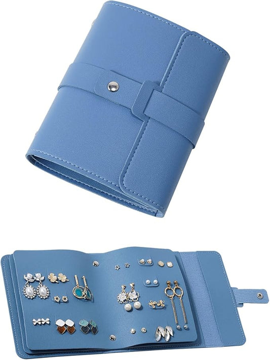 LAKE OF FIRE Earring Holder Organizer with Foldable Book Design Jewelry Book Organizer, Portable Pu Leather Travel Earring Case(Blue)