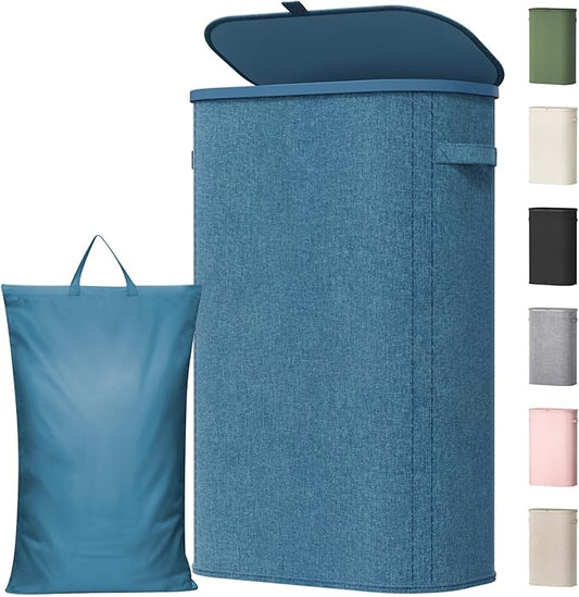 Lifewit 65L Slim Laundry Basket with Lid, Narrow Large Laundry Hamper with Plastic Handles and Removable Bag, Tall Foldable Dirty Clothes Hampers for Laundry Room, Bedroom, Bathroom, Dorm, Dark Blue