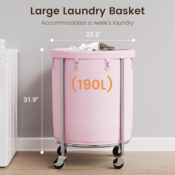 ELYKEN 190L Laundry Basket with Wheels, Large Rolling Laundry Hamper with Removable Liner Bag, Round Rolling Laundry Cart, Dirty Clothes Hamper for Hotel, Home, Closet, Dorm, Pink