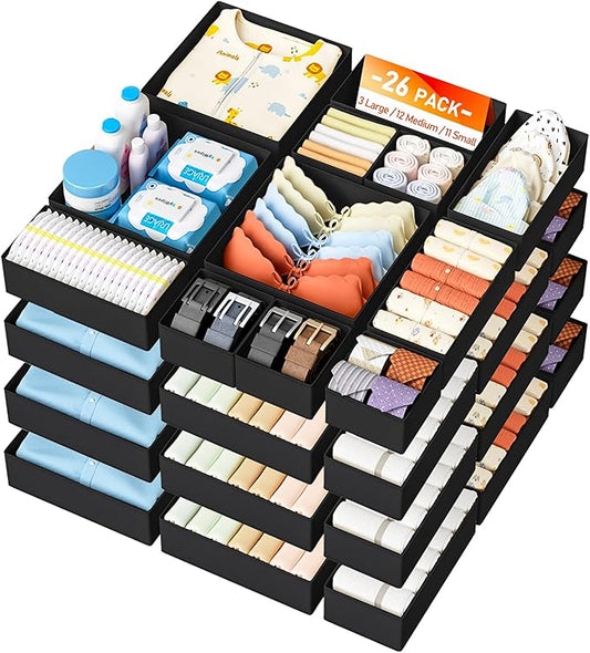 DIMJ Drawer Organizer Clothes- 26 Pack Baby Dresser Organizer for Nursery, Small Fabric Closet Drawer Organizer Bins for Underwears Socks, Foldable Storage Dividers Organization for Bedroom