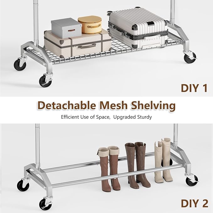 Wiracks Clothes Rack Clothing Rack for Hanging Clothes 350lbs Heavy Duty Coat Rack 51 to 71" W x 16.53" D x 65" to 71" H Adjustable Rolling Clothes Rack Garment Rack 3" industrial Wheels