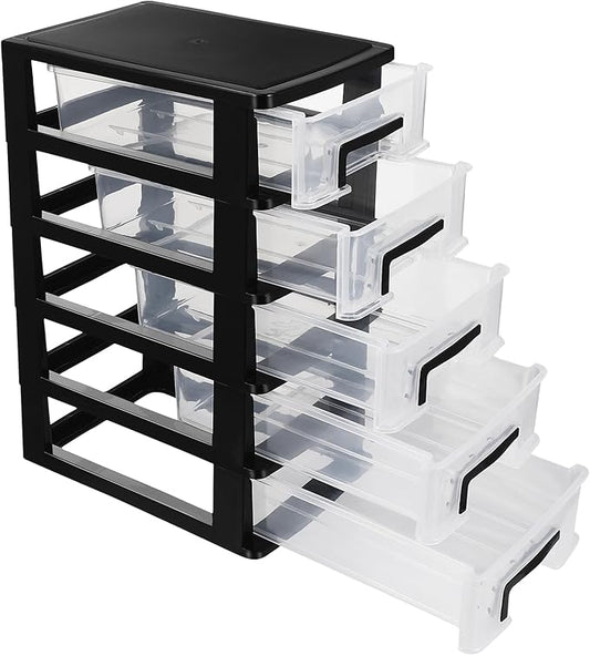 Multifunctional Five-Layer Plastic Storage Cabinet with Transparent Drawers - Space-Saving Organizer for Office, Closet, and Home, 12.36 Inches, Black