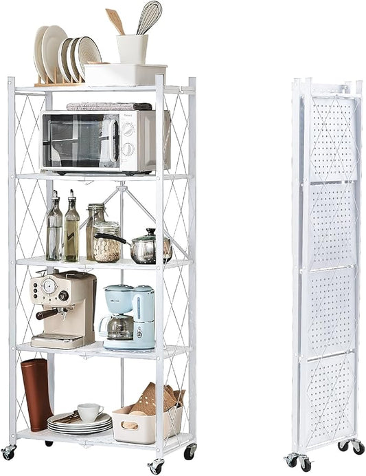 BRIAN & DANY 5-Tier Foldable Storage Shelves with Wheels, Folding Metal Rack Shelving Unit, Heavy Duty No Assembly Organizer Shelf for Garage, Kitchen, Basement, Pantry, White