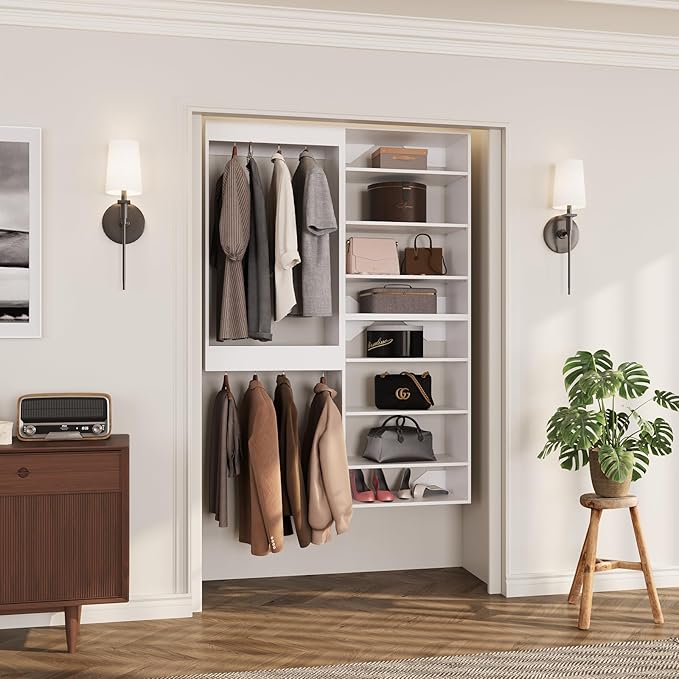 ROOMTEC Modular Closet System, 52" Wall-Mounted Closet Organizer with Hanging Rods and Shelves, Wooden Tower for Walk-In Closets, Wardrobe Storage Kit, White