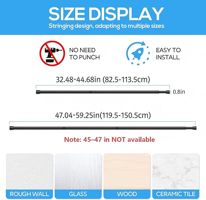 1 Pack Spring Tension Rods 33-59 Inches, 5/8 Inch Diameter Black No Drill Spring Loaded Adjustable Extendable, Small Short Tension Curtain Rod for Windows Kitchen Doorway Closet Cupboard